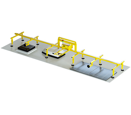 Victory Rover RV vacuum lifter lifting a large caravan roof panel in manufacturing